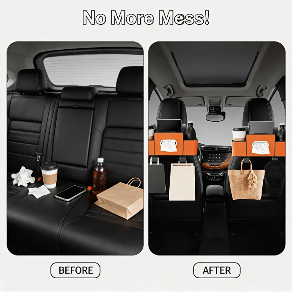 Car Backseat Organizer 8-in-1 – 2-Pack Multi-Function Hanging Storage with Cup Holders & Napkin Drawer, Large Capacity Back Seat Organizer for Family Trips | Black & Beige