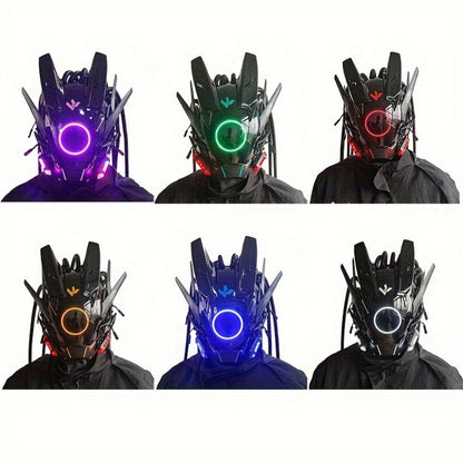 LED Punk Mask with Tubular Braids & Helmet – Futuristic Sci-Fi Mechanical Cosplay Mask for Halloween, Rave Music Festival & Party, Blue Green Pink, Handmade TPU PC Unisex Adult Costume Prop