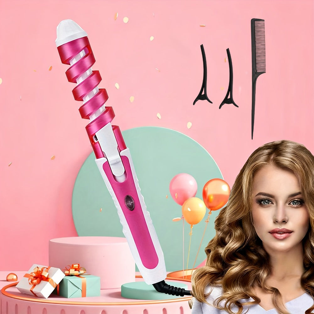 Automatic Spiral Curling Iron 360° Electric Hair Curler - Auto Rotating Curl Wand, Lightweight & Portable, Easy to Use, Includes 2 Clips & 1 Comb, Gift for Women, Pink, Purple, Blue