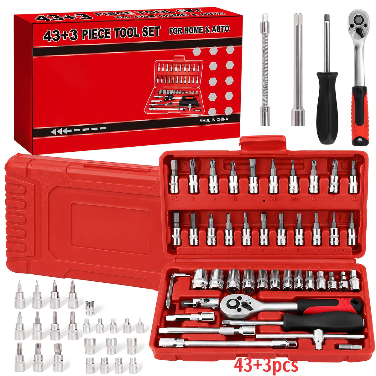 High-end Professional 43+3/44+2/51+1pc Of Tools, Car/icycle Repair Mechanical Set, Including 1/2 Inch 1/4 Inch 3/8 Inch Ratchet Socket Hex Wrench And Other Car Repair Accessories Tool Set, Suitable for Car Level Car Parts Repair.