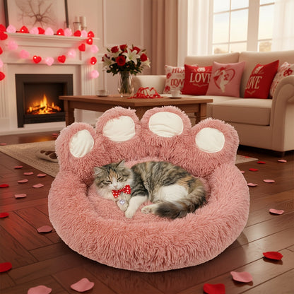 Dog Bed Cat Bed Bear Paw Shaped Donut – Calming Round Plush Pet Mattress, Warm & Soft Cuddler Bed for Dogs and Cats, Includes Pet Scarf, Sizes S to 2XL, Colors: Coffee, Pink, Grey, Brown