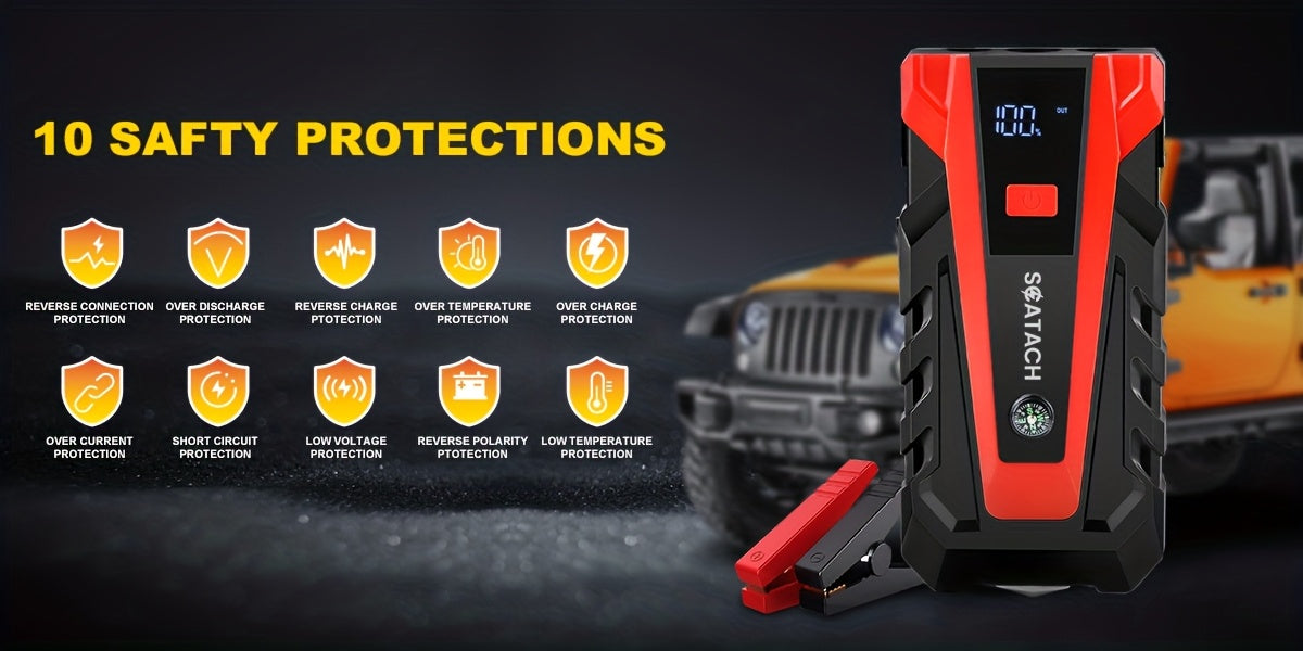 The Car Emergency Starter Power Supply Comes with A Digital Tire Pressure Gauge And Air Pump, A Window Breaker Hammer, And Is Suitable for 12V Cars, Trucks, SUV, Rvs, And Motorcycles. It Features A Multi-Functional Portable LED Display, SOS