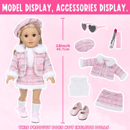 18 Inch Doll Knitted Clothes Outfit Set with Hat Jacket Skirt Shoes Socks Sunglasses Lipstick – Complete Baby Doll Accessories for 16-18 Inch Dolls Playing House Gift for Girls Birthday Christmas