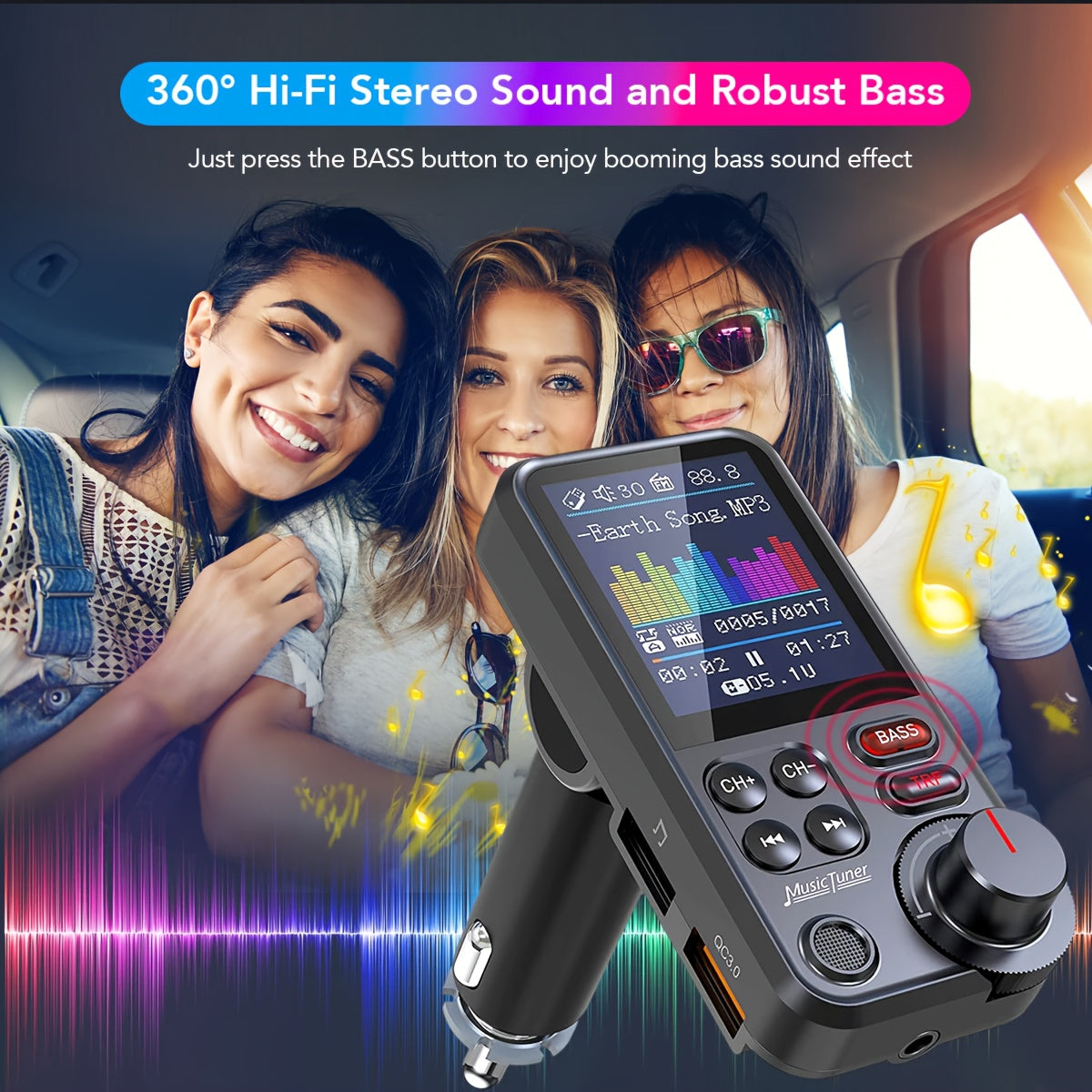Car FM-BT 5.3 Transmitter with Enhanced Microphone, Wireless Car Adapter, 1.8" Color Screen, Hands-Free Calling, QC3.0 Fast Charging, Supports 64GB USB Drive & 64GB TF Card, And Bass/Treble Music Player.
