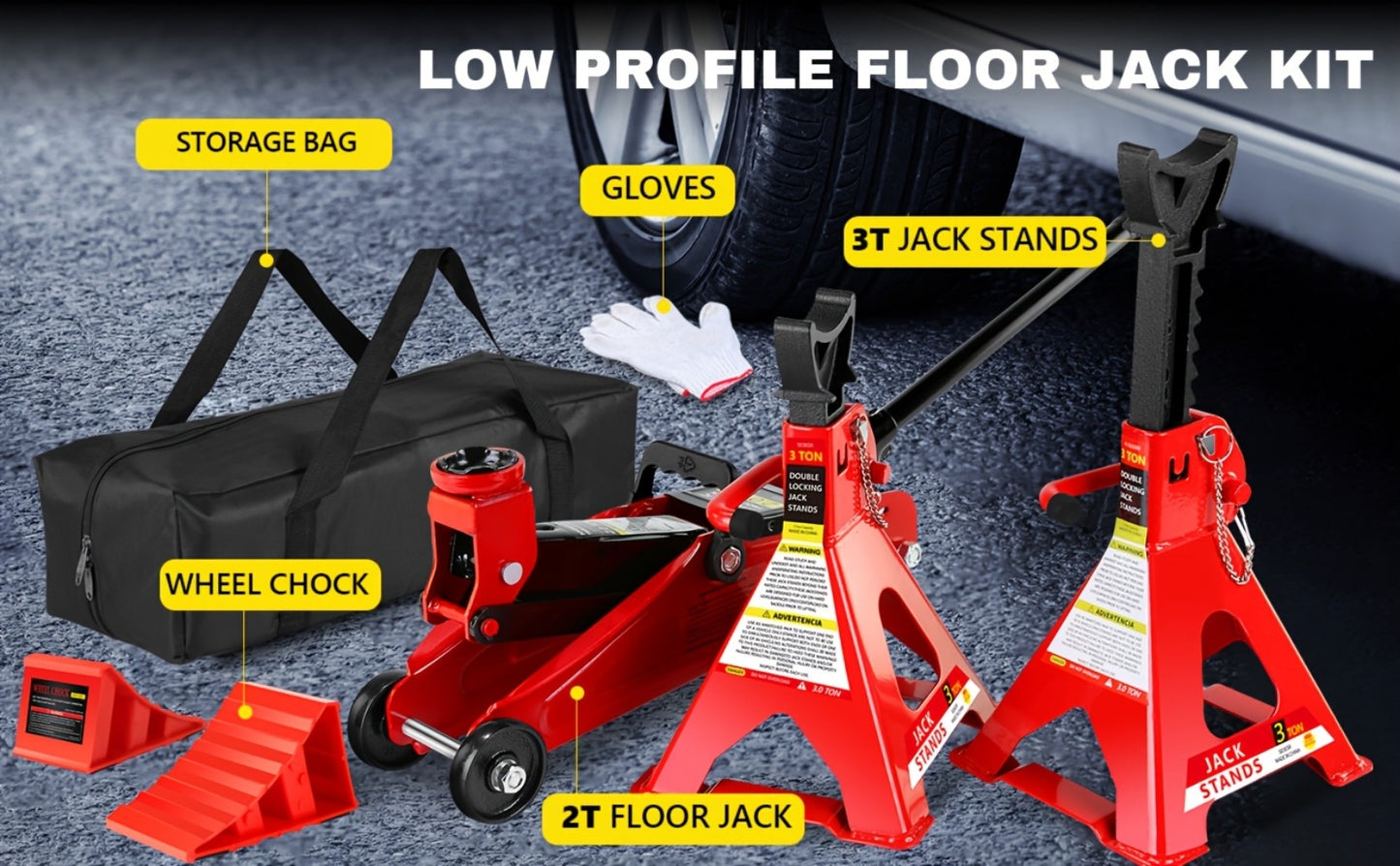 Hydraulic Floor Jack Kit 2/2.5/3 Ton Low Profile Trolley Jack with Jack Stands, Tire Repair Kit, Wheel Wrench & Wheel Chock Combo - Red/Blue