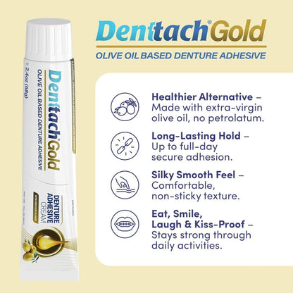 Denture Adhesive Cream Zinc-Free Olive Oil Formula – All Day Strong Hold for Full & Partial Dentures Petroleum-Free Non-Toxic Denture Glue 2.4 oz Secure Comfortable Fit for Seniors Daily Use