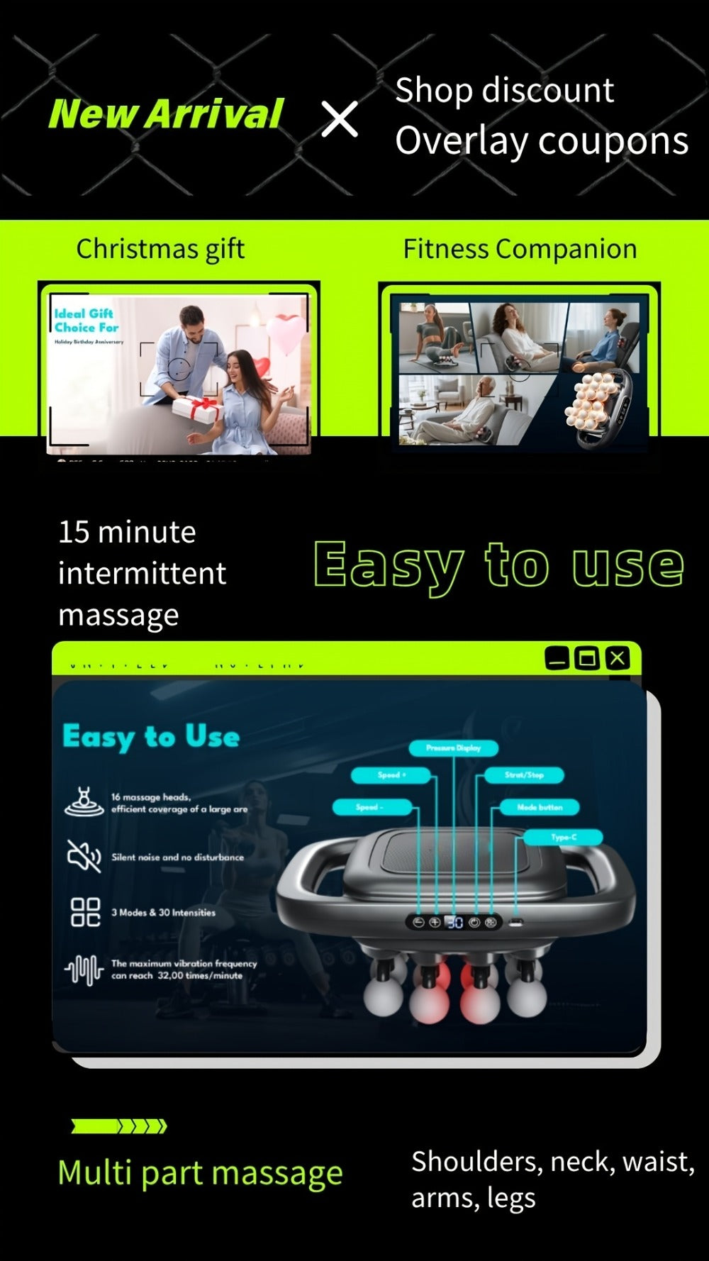 Massage Gun for Deep Tissue Relief – Cordless Percussion Massager with 9 Speeds & 9 Modes, Multiple Heads for Back, Neck, Shoulders, Legs & Feet | Gift for Dad & Mom