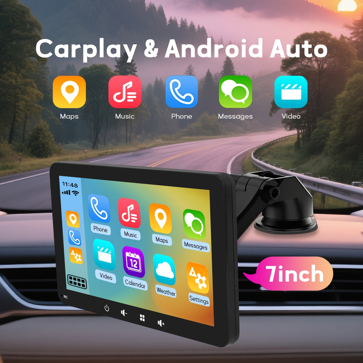 2026 New 7-Inch Wireless Car Display with Touch Buttons Below Features: - Built-In Car Audio System - Ultra-Hd Touchscreen - 1080P Rearview Camera - Dashcam - Wireless Connectivity - GPS Navigation - Supports Carplay, Android Auto