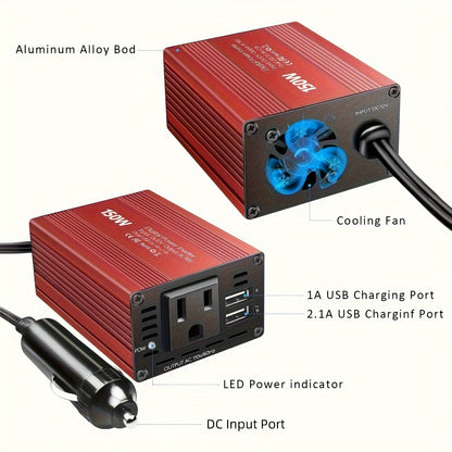 150W Car Power Inverter 12V DC to 110V AC Converter Vehicle Adapter Plug Outlet with 3.1A Dual USB Car Charger for Laptop Computer