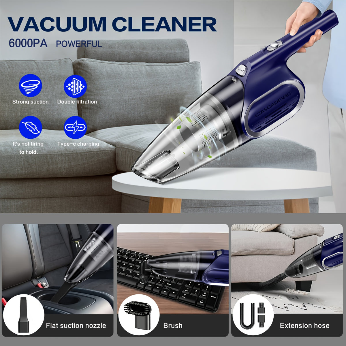 Portable Household Vacuum Cleaner, With 6000PA Powerful Suction Force, Low Noise, Dual Filtration. Household Vacuum Cleaner, Mini Vacuum Cleaner, Suitable For Cleaning Inside Cars, Pet Hair, Kitchens, Home Cleaning Supplies, Ladies' Car Accessories.