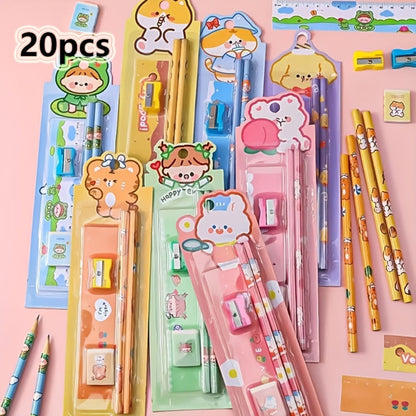 20-Piece Cartoon Pencil Stationery Set with Ruler Eraser Sharpener, Random Cartoon Styles, Kids School Supplies, Party Favor Prizes, Festival Gift Set for Students