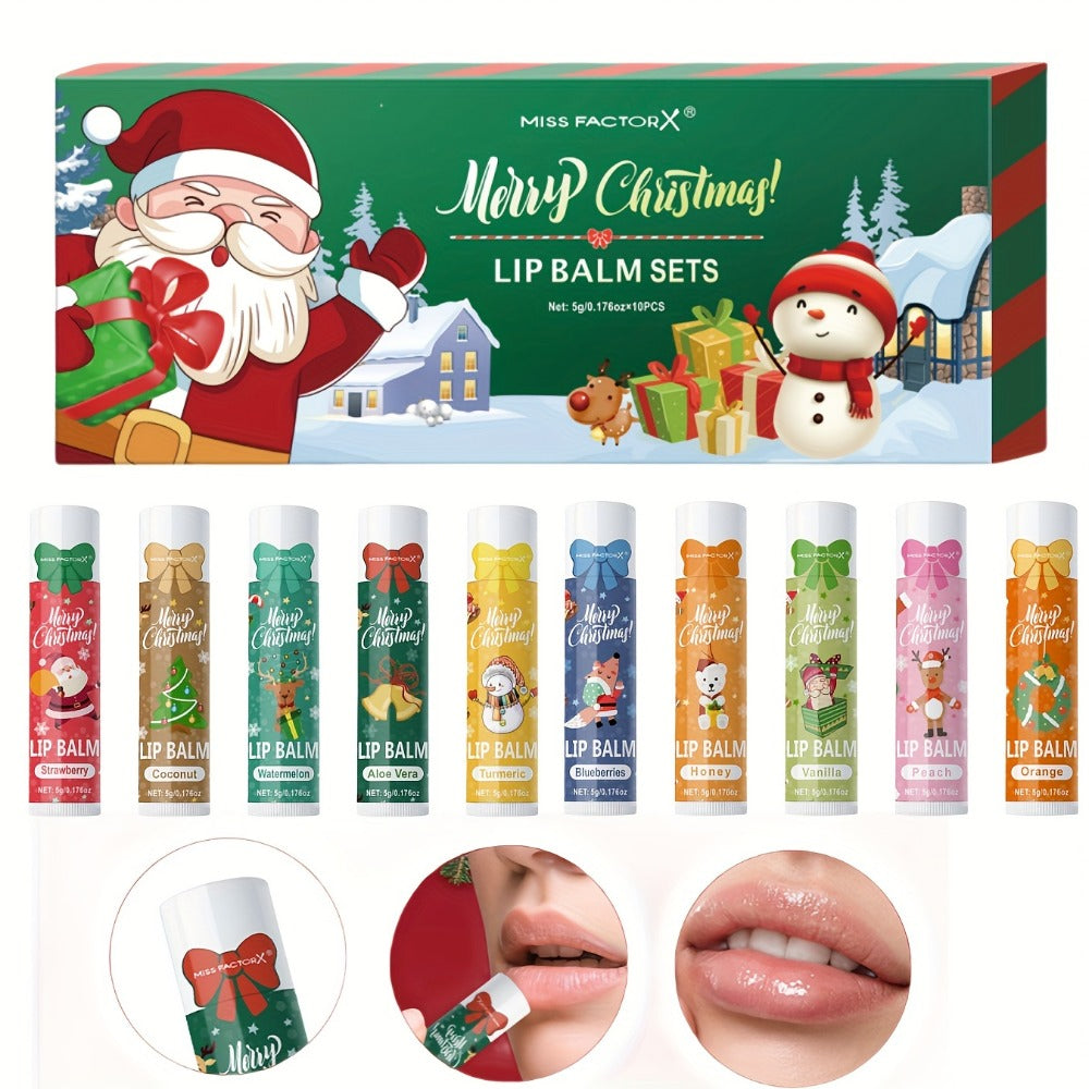 Moisturizing Lip Balm Set 10-Pack with Vitamin E — MISS FACTORX Natural Look Lipstick Collection for Women, Hydrating & Nourishing, All Skin Types, Christmas Holiday & Valentine's Day Gift