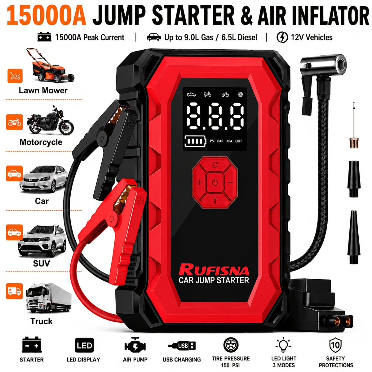 15000A-18000A Peak Jump Starter with Air Compressor, 12V Car Battery Charger, 150 PSI Fast Tire Inflator, All-in-One Emergency Power Bank, LED Flashlight, USB Output, Heavy Duty Jump Starter for Gas & Diesel Cars, SUV, Truck, Roadside Rescue Kit.