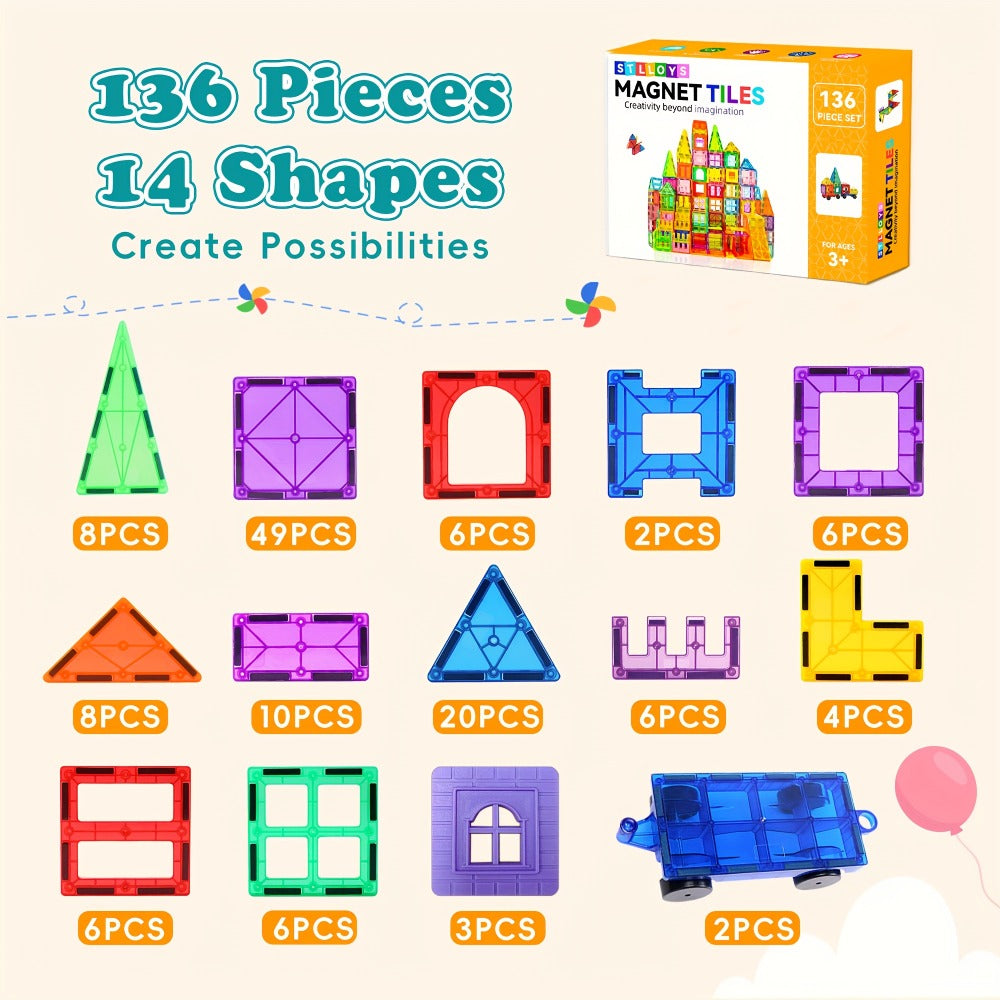 Magnetic Tiles Building Set for Kids 3 4 5 6 7 8 – 80 106 136 205pcs Clear 3D Magnet Building Blocks STEM Educational Toy Child-Safe ABS Creative Birthday Christmas Gift Boys Girls