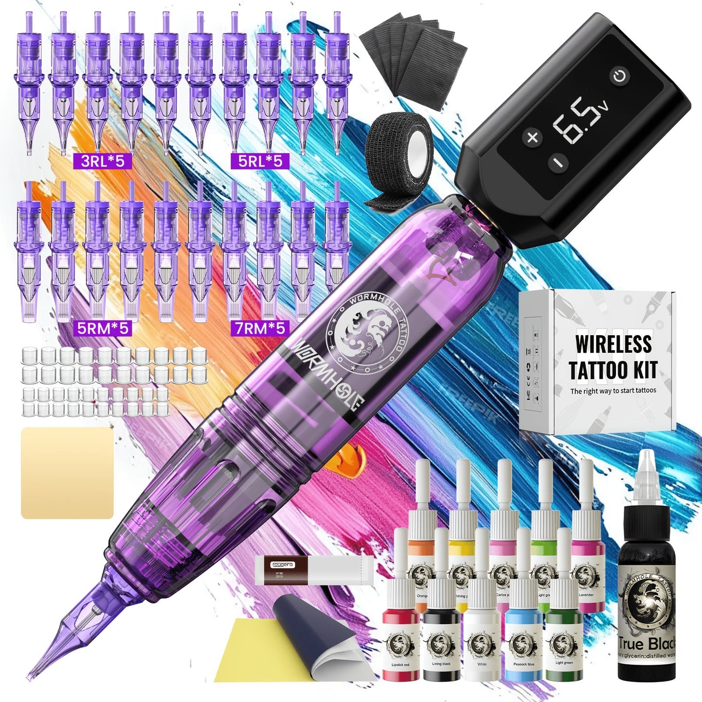 WORMHOLE Professional Wireless Tattoo Pen Kit – All-in-One Beginner & Artist Set with 8000RPM Quiet Motor, 1200mAh Battery, Digital Display, Cartridge Needles, Inks & Practice Skin