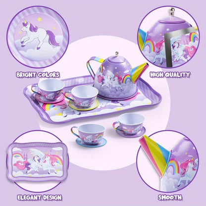Unicorn Tea Party Set for Girls – Purple Tin Teapot Cups & Plates Pretend Play Princess Kitchen Toy with Storage Case – Magical Unicorn Rainbow Castle Gift for Ages 3+ Birthday Easter Christmas