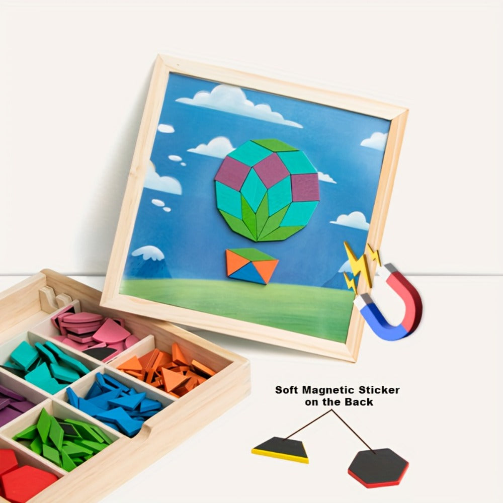 Magnetic Wooden Puzzle Blocks 128 180 220 Piece Set – Geometric Figures Cognitive Learning STEM Toy for Kids, Creative Jigsaw Building Gift for Toddlers & Children