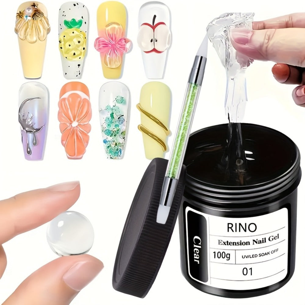 Poly Nail Extension Gel Clear 100g 2-Piece Set – Non-Stick Odorless Soak-Off LED Gel for 3D Nail Sculpture, Rhinestone Adhesive & Nail Art, Beginner & Salon Nail Extension Kit