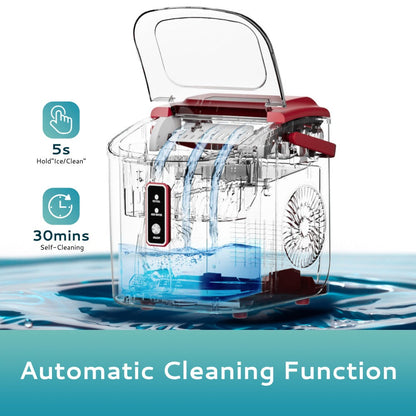 Self-Cleaning Ice Maker Countertop 8 Cubes in 6 Minutes, 2 Ice Sizes S/L, 26-29 Lbs Per Day, Smart ICE FULL & ADD WATER Indicators, Portable Handle, 6 Colors for Home Kitchen Camping RV