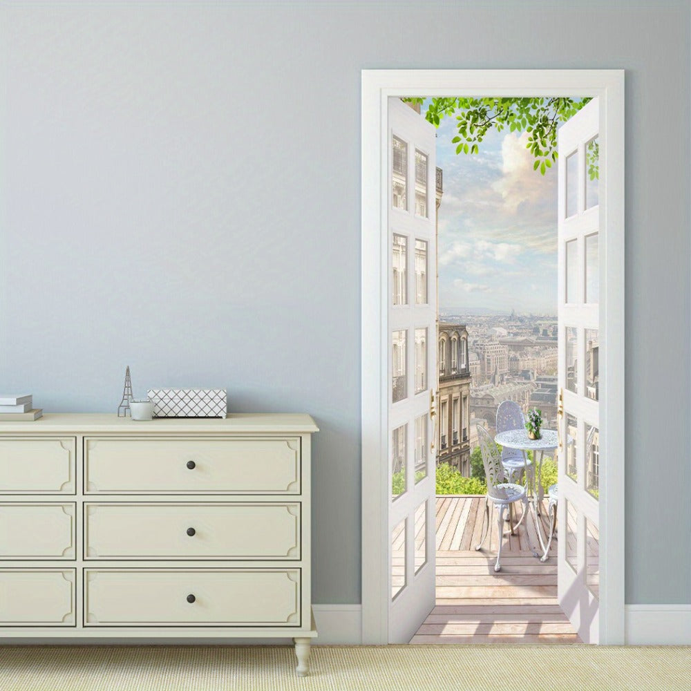 Door Sticker Balcony Scenery Wall Mural – Removable Waterproof Peel & Stick Large Wall Art for Bedroom & Living Room, Faux Window View Home Decor, 35.43 x 78.74 Inches