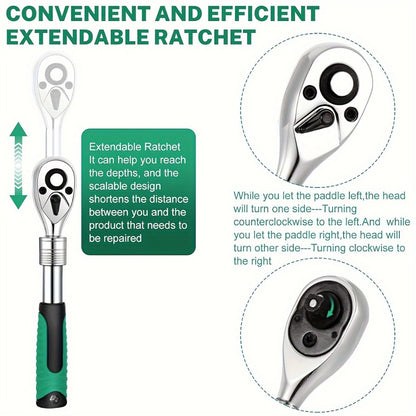 Ratchet Wrench Set 3-Piece - 1/4 3/8 1/2 Inch Drive Extendable Socket Wrench, 72-Tooth Quick-Release Reversible Gear, Soft Grip Handle, Torque Spanner for Automotive Repair, Mechanics & DIY