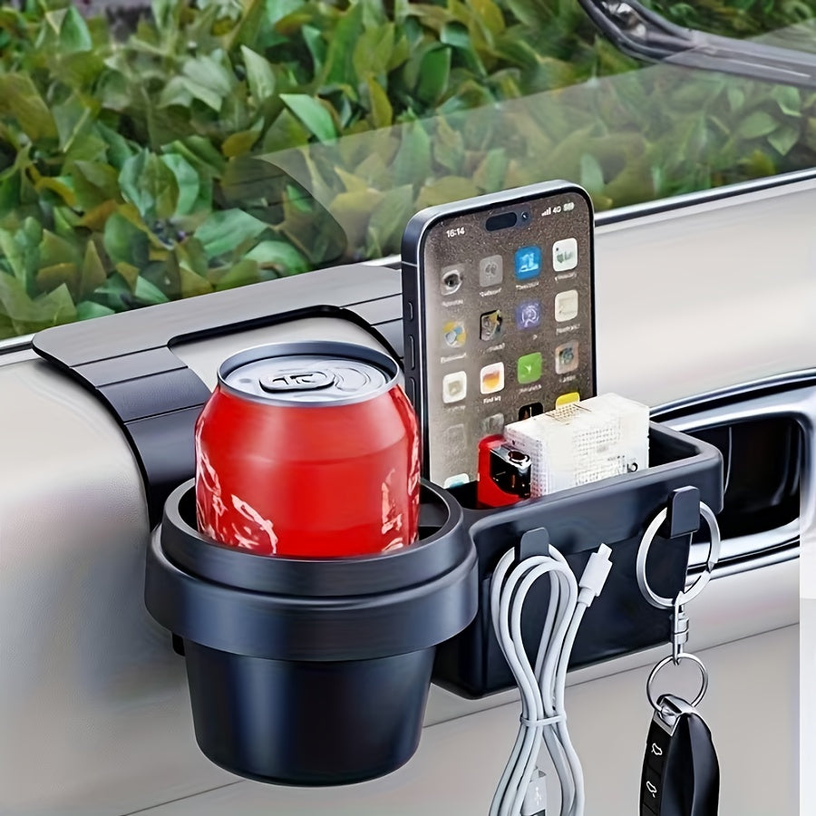A Versatile Rear Seat Storage Rack for Cars, Made of ABS Material, Featuring Two Hooks, a Phone Holder, And a Cup Holder. This Space-Efficient In-Car Storage Solution Is Perfect for Drinks, Keys, Phones, And Snacks