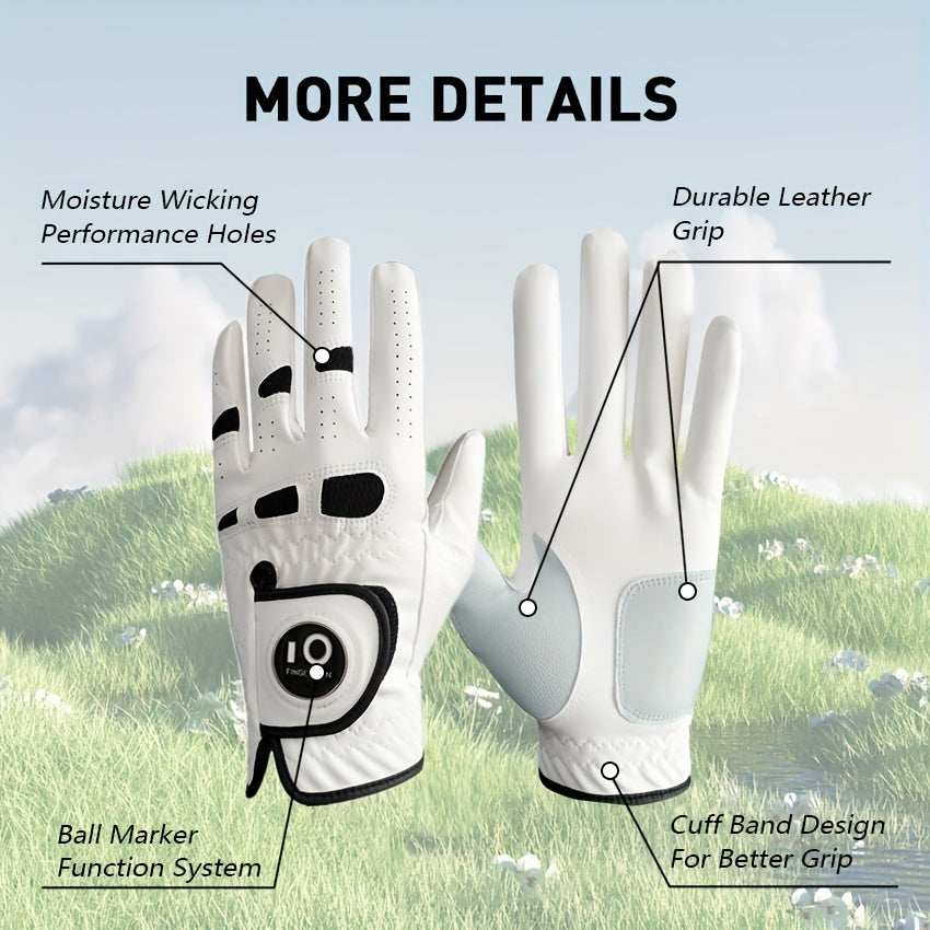 Men's Golf Glove Left Hand 3 Pack with Ball Marker – WeatherSof Soft Grip Cabretta-Style Golf Gloves for Men, Buckle Closure, All-Weather Performance, Sizes S to XXL (White)