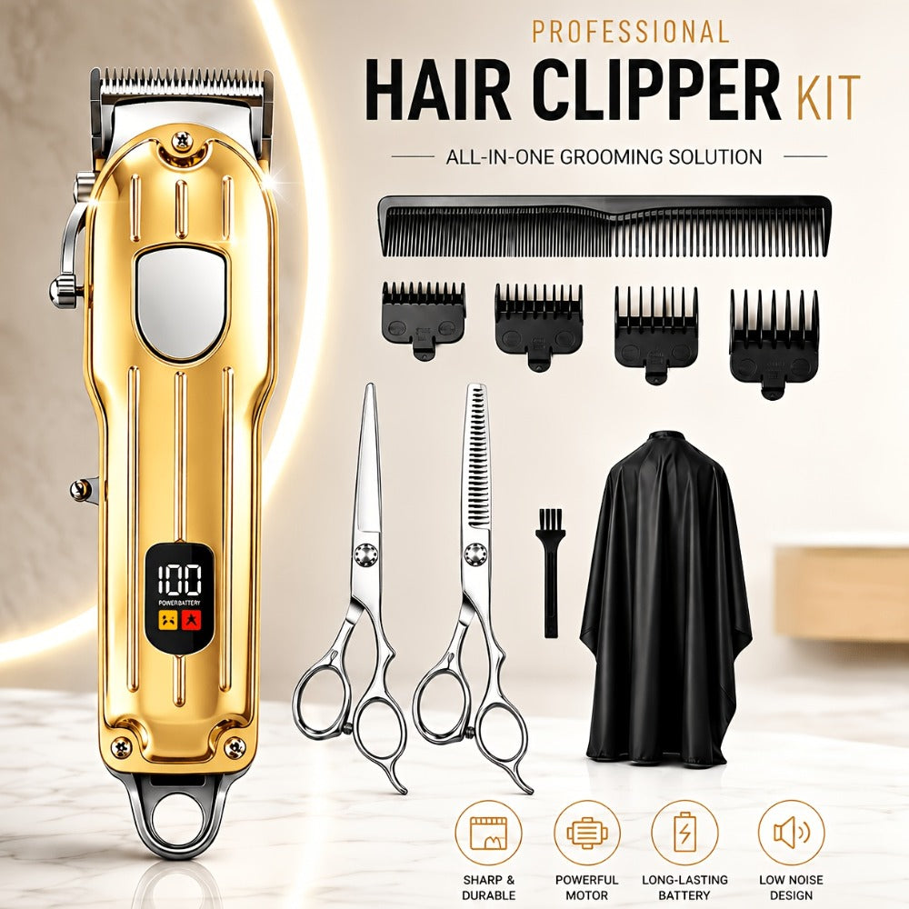 Barber Hair Clipper Kit for Men — USB Rechargeable Digital Size Adjustment, Complete Set with Scissors & 4 Limit Combs, Professional Home Barbering Grooming Set, Gift for Dad & Husband