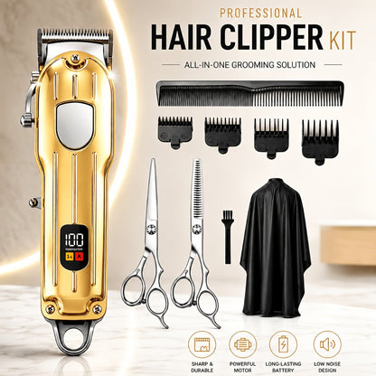 Barber Hair Clipper Kit for Men — USB Rechargeable Digital Size Adjustment, Complete Set with Scissors & 4 Limit Combs, Professional Home Barbering Grooming Set, Gift for Dad & Husband