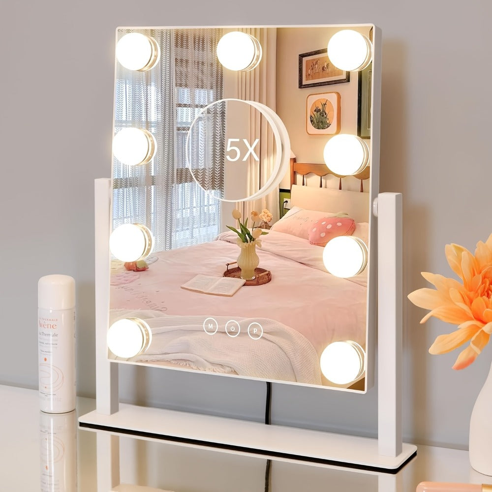 Lighted Makeup Mirror 5X Magnifying 9 LED Hollywood Vanity Mirror - 3 Color Lighting Modes, 360° Rotating, USB Powered Touch Control Tabletop Makeup Mirror for Women Desk Bedroom Gift