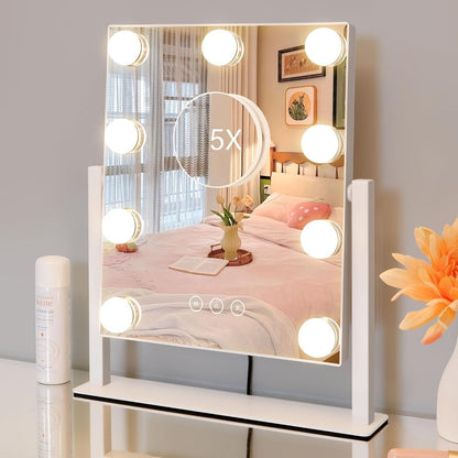 Lighted Makeup Mirror 5X Magnifying 9 LED Hollywood Vanity Mirror - 3 Color Lighting Modes, 360° Rotating, USB Powered Touch Control Tabletop Makeup Mirror for Women Desk Bedroom Gift