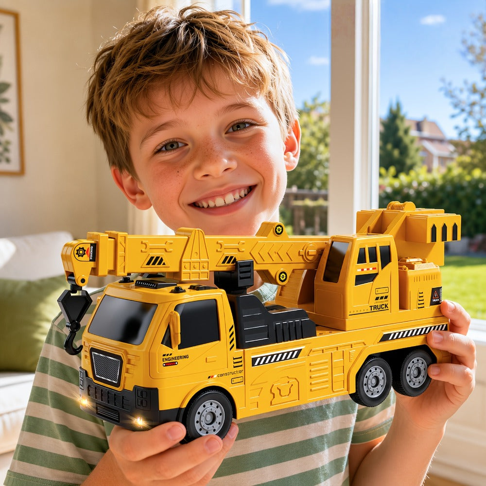 3-in-1 Crane Excavator & Racing Track Toy Set for Kids Ages 3+ – Construction Vehicle Playset with Lights & Sounds, 8 Cars Included, STEM Birthday Christmas Gift for Boys Toddlers