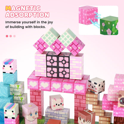 Pink Forest Park Magnetic Building Blocks 100 Piece STEM Set – 3D House Trees & Character Cubes Creative Construction Toy for Imaginative Play Birthday Christmas Gift for Girls Kids Ages 3+