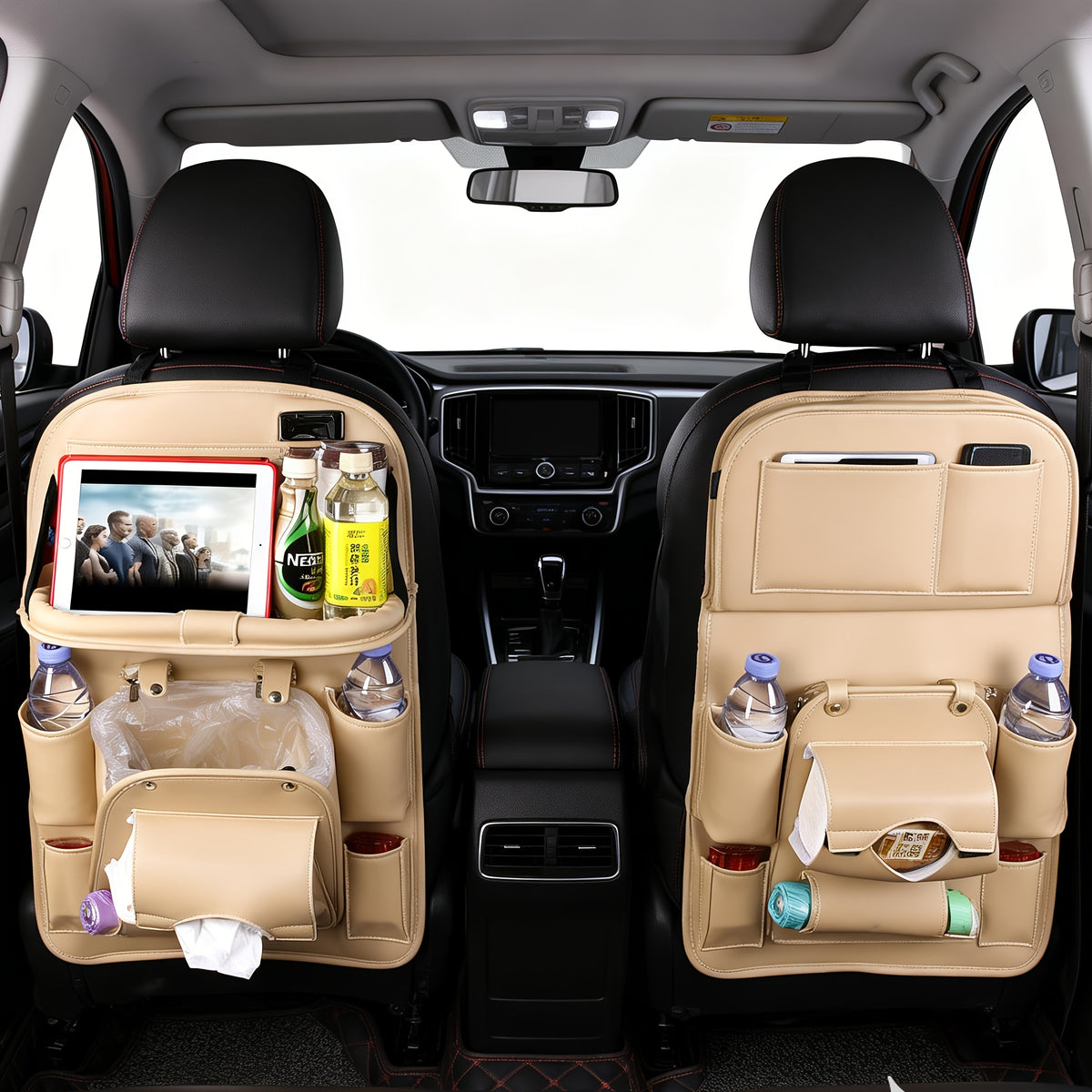 QIANKUNBAG Car Back Seat Organizer with Foldable Tray Interior Tissue Holder, Footrest Protector, And Multi-Pocket Hanging Storage Bag - Durable PU Fabric for Shopping & Essentials Car Seat Organizatio(Pink Black Grey Brown Beige)