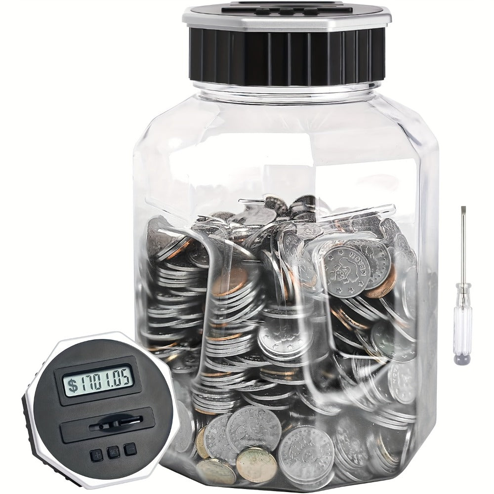 Digital Coin Counting Piggy Bank for Adults – Extra Large 2.4L LCD Counter Jar, Transparent Acrylic Money Saving Bank with Display, Silvery | Toy Play Nest