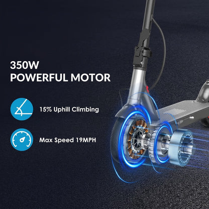 Electric Scooter for Adults 350W Motor 19 MPH 21-Mile Range Foldable Commuter Scooter 8.5 Inch Solid Tires APP Control Dual Brake LED Lights Portable