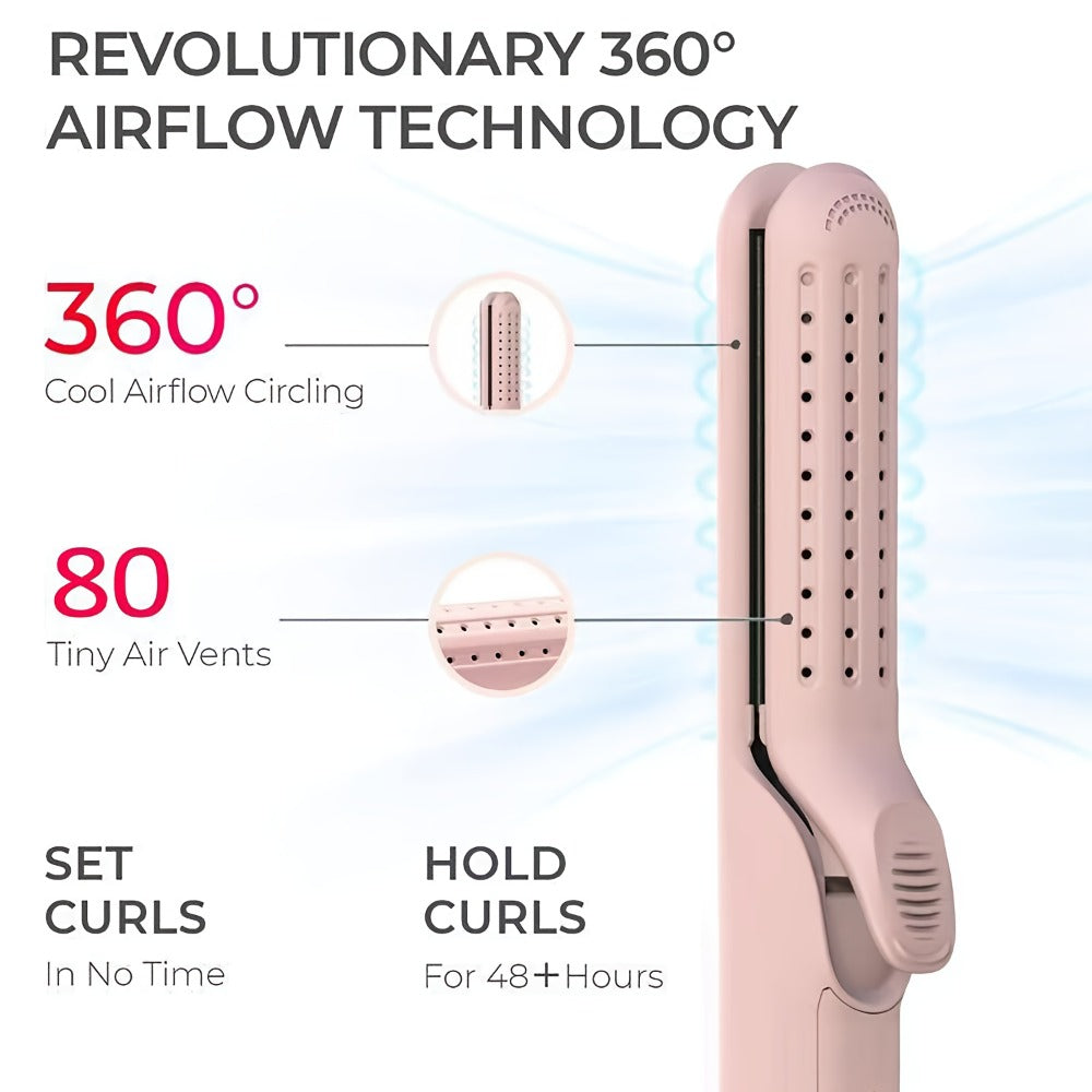 2-in-1 Airflow Curling Iron 360° Ceramic – Curl & Straighten Anti-Scald Hair Styler Wand with 5 Temps Cool Air Technology for Long & Short Hair – Pink, Black