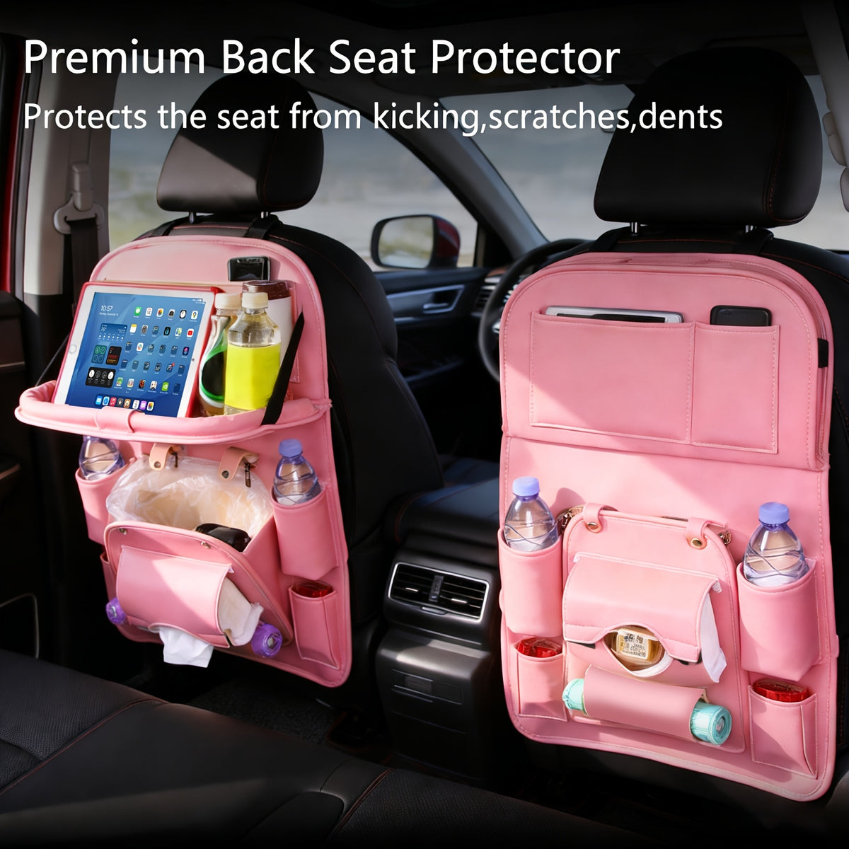 QIANKUNBAG Car Back Seat Organizer with Foldable Tray Interior Tissue Holder, Footrest Protector, And Multi-Pocket Hanging Storage Bag - Durable PU Fabric for Shopping & Essentials Car Seat Organizatio(Pink Black Grey Brown Beige)
