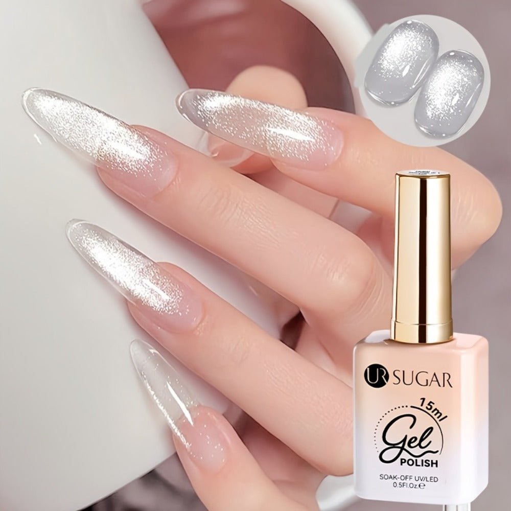 White Glitter Cat Eye Gel Polish Set 2pc Sparkling Magnetic with Stick Included | Soak Off UV LED 0.51oz Each Semi-Permanent 3D Nail Art | Salon & Home DIY Manicure Kit for Women Beginners