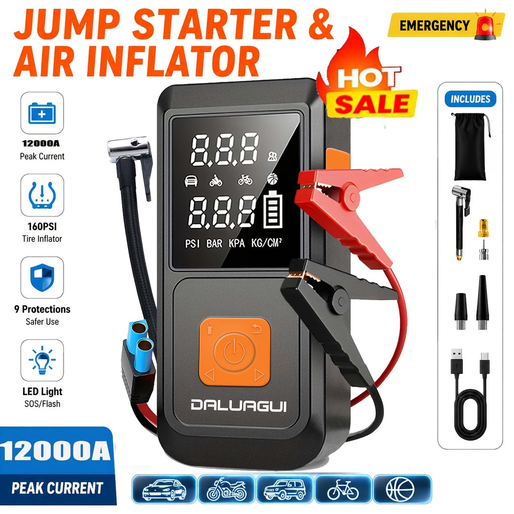 12000A Jump Starter With Digital Tire Inflator, Window Breaker Hammer, For 12V Car/Truck/SUV/RV/Motorcycle (1.59gal Gas/1.32gal Diesel), LED Display, 3-Mode Flashlight & Jumper Cables, High-Perf Pump, Emergency Kit, Outdoor Essential