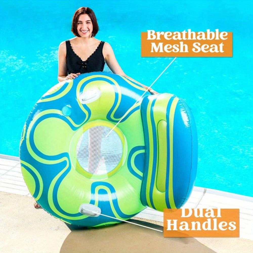 Inflatable Pool Float Sofa Chair with Backrest – Blow Up Floating Lounge Seat with Mesh Bottom, Cup Holder & Dual Handles for Adults Teens, Blue Yellow Pool Raft
