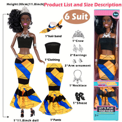 African American Fashion Doll Set 6 Pack 11.5 Inch Bohemian Curly Hair Dolls Removable Boho Outfits Headscarves Silver Necklaces Diverse Gift for Girls Kids Party Favors Birthday Christmas