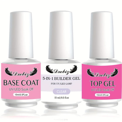 Builder Gel Nail Kit 5-in-1 Clear Nail Extension Gel Set — Primer Brush Repair Gel Nail Strengthening Overlay Kit 0.51oz, Beginner DIY Home Salon for Natural Nails Women Nail Art Starter