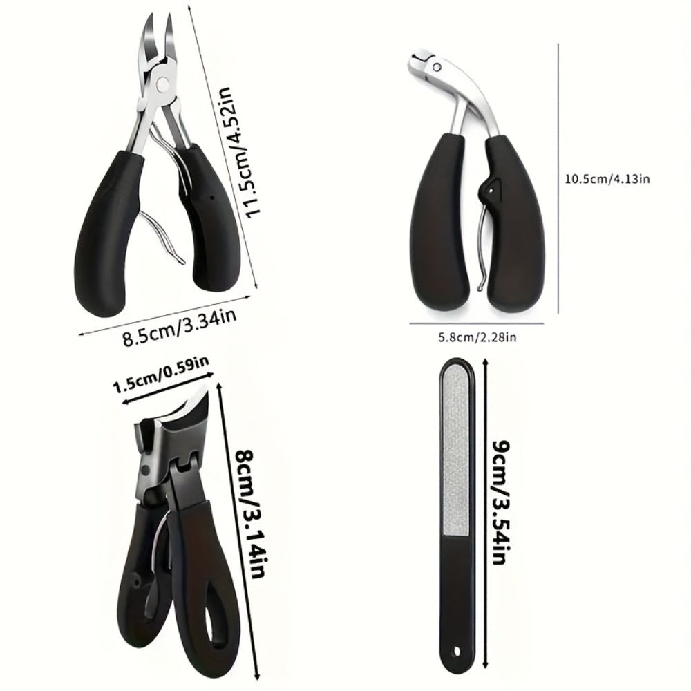 Heavy Duty Toenail Clipper Kit 4 Piece Stainless Steel | Convex Blade Ingrown Toenail Cutter with Nail File Ergonomic Non-Slip Handle | Thick Overgrown Nail Care Set for Men Women Seniors Diabetic Foot Care