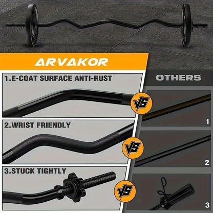 EZ Curl Bar 47" Olympic Barbell for Weightlifting Hip Thrusts Squats Lunges 1-Inch Weight Plates Home Gym with 2 Collars