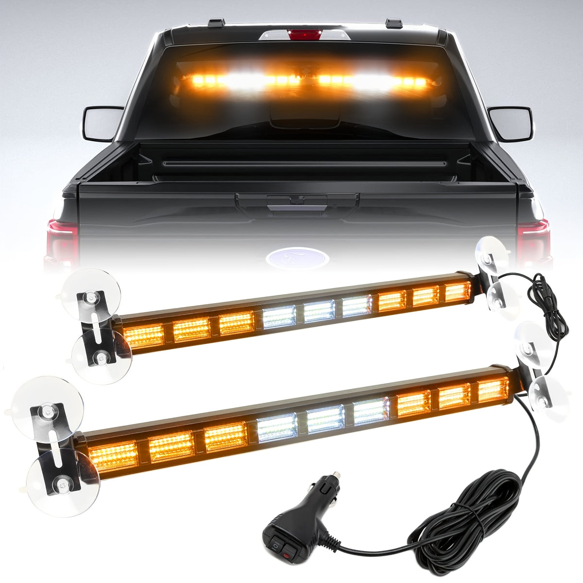 Upgrade Switchable 4 Colors Light Bar with 27 Flashing Patterns Advisor Light Bar 162 Leds Windshield 2in 1 Visor Lights with Take Down with The Dual Switch Car Plug for Trucks Construction Vehicles 12-24V