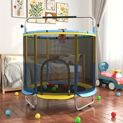 60 Inch Trampoline with Enclosure and Gymnastics Bar – 440 Lbs Capacity Height Adjustable Indoor Outdoor Round Trampoline with Toys for Kids | Best Birthday Gift for Boys and Girls