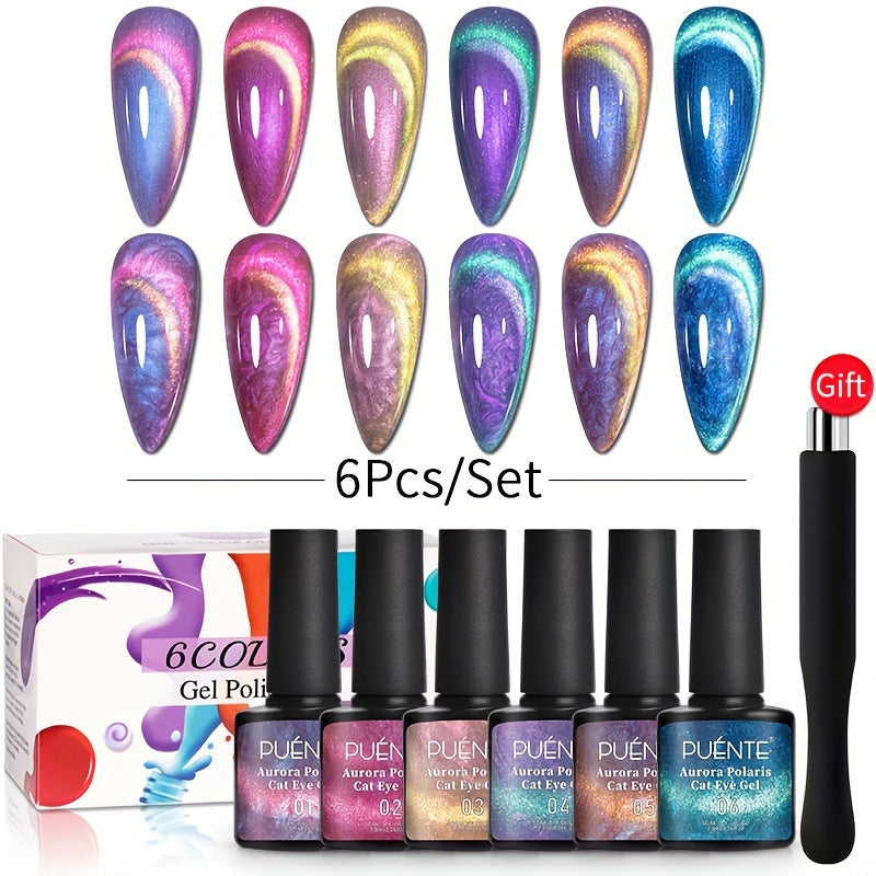 Cat Eye Gel Nail Polish Set 6Pcs 9D Aurora Magnetic Glitter Pearl Shell Effect – Soak-Off Semi-Permanent UV LED Gel Varnish Nail Art Kit for Home Salon Manicure Gift for Women