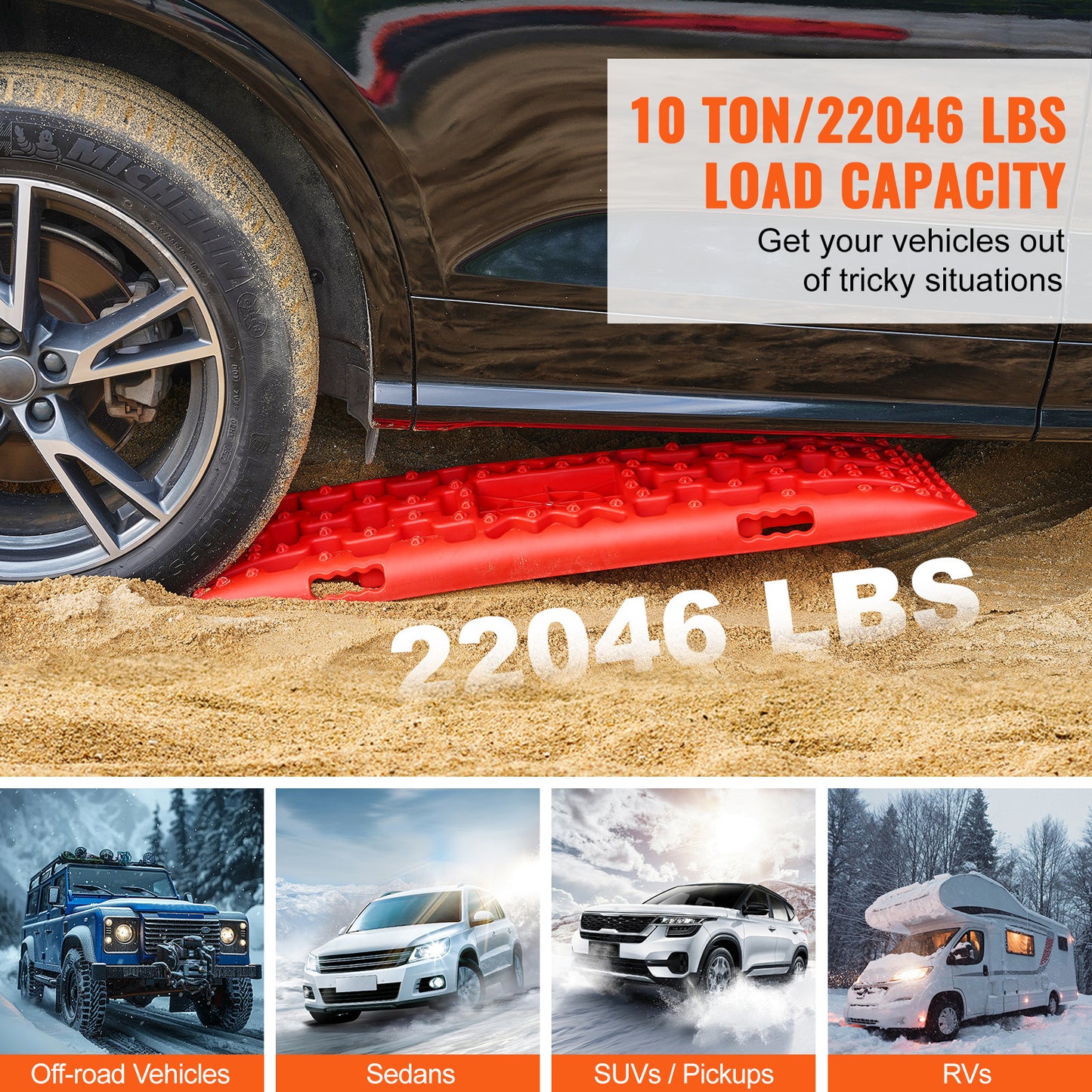 Traction Boards 2-Pack – 10-Ton Off-Road Vehicle Recovery Boards for Mud, Sand & Snow, High-Strength PP with Pull Straps & Storage Bag for SUV, Truck & RV