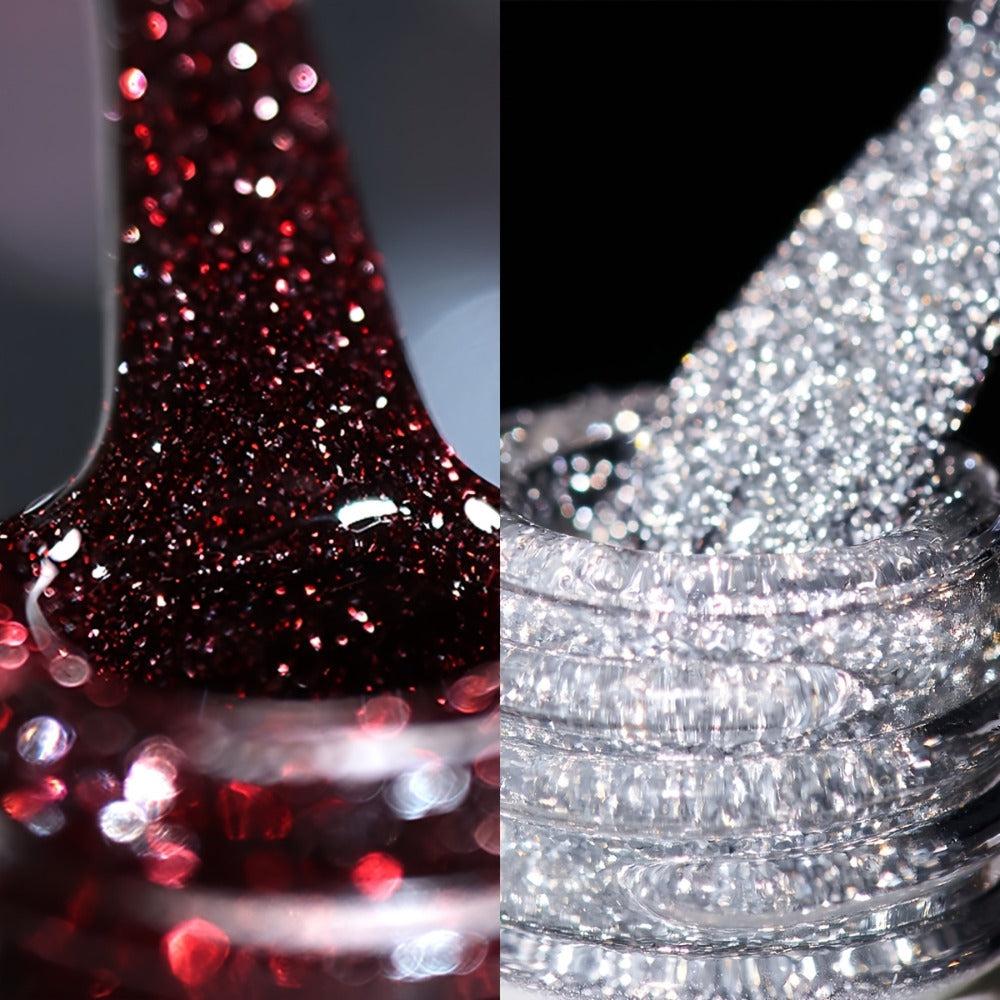 Explosive Glitter Gel Nail Polish 2pcs Shattered Flash Silvery Red – High Saturation Sparkle Long-Lasting Gel in Gilt Bottle, Christmas Holiday Salon Manicure Nail Art Gift for Women